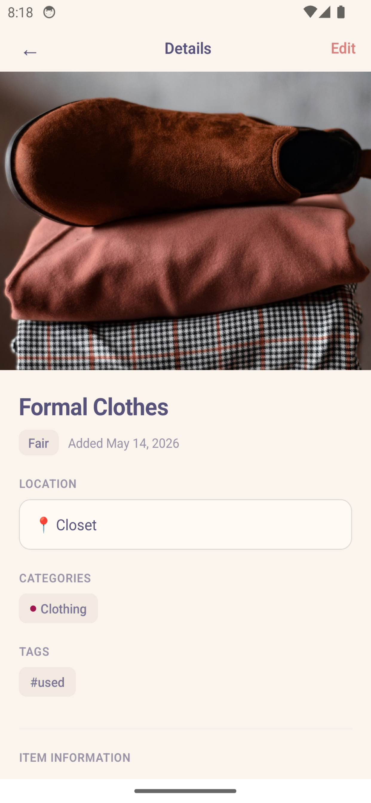 Item detail — photo, condition, location, categories, and tags